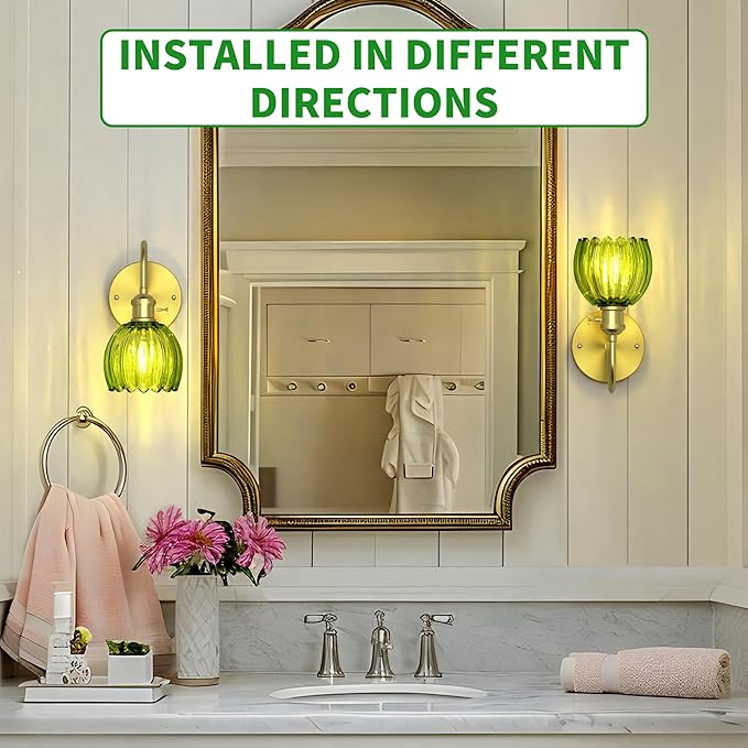 2-Pack Wall Sconces Lights Lamp for Bedroom Bathroom, Modern Vanity Light Fixtures, Wall Mount Lighting Vintage Tulip Green Glass Shade for Living Room Mirror Hallway Kitchen