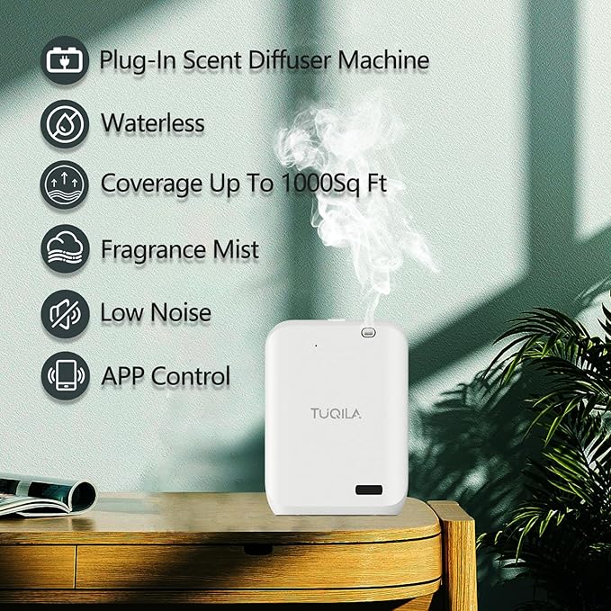 Hotel Waterless Oil Diffuser Cold Air Technology 1000 sq.ft, APP Control Smart Scent Diffuser Clean Air Machine Essential Oil 150 ML, Wall Mounted Diffusion for Home, Hotel, Office (White)
