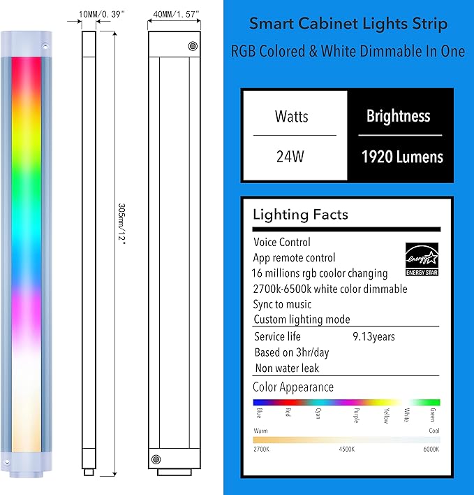 Smart RGB Cabinet Lights,Color Changing & White Dimmbale Light Bar for Counter,Case,Desk,LED Light Strips with Alexa,Echo,App,Remote Control,Music Sync Indoor Room,TV,Party Lighting Decor,6pcs