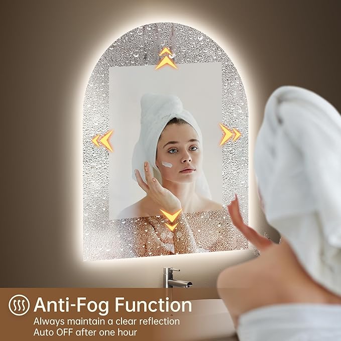 Arched Backlit Mirror Bathroom 30"x36"- Frameless LED Bathroom Mirror with Lights, Fogless, Dimmable, 3 Color Changing, Shatterproof, Touch Sensor
