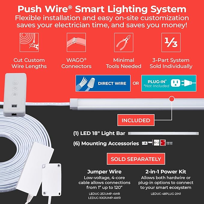 PureOptics LED Professional Push Wire® Under Cabinet Light Bar, Add-on, Plug-in or Hardwire Compatible, Adjustable White and RGB LED, for Kitchen, Utility Light, Closets, Garage, Pantry, (1) 18" Bar