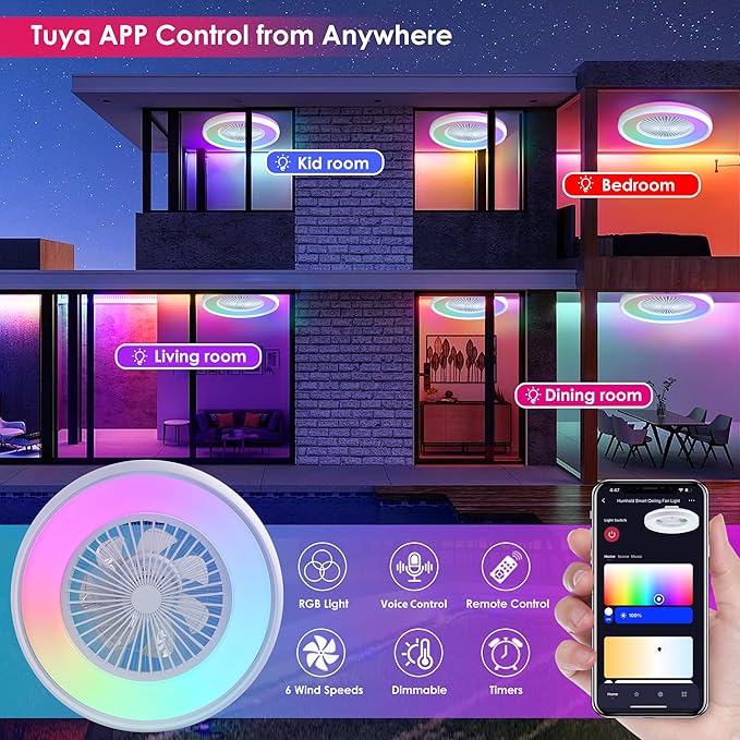 24" Bladeless Ceiling Fan with RGB Light Remote, Smart LED Ceiling Fans with Voice/App Control, Modern Low Profile Dimmable Light Ceiling Fan for Bedroom Living Room White