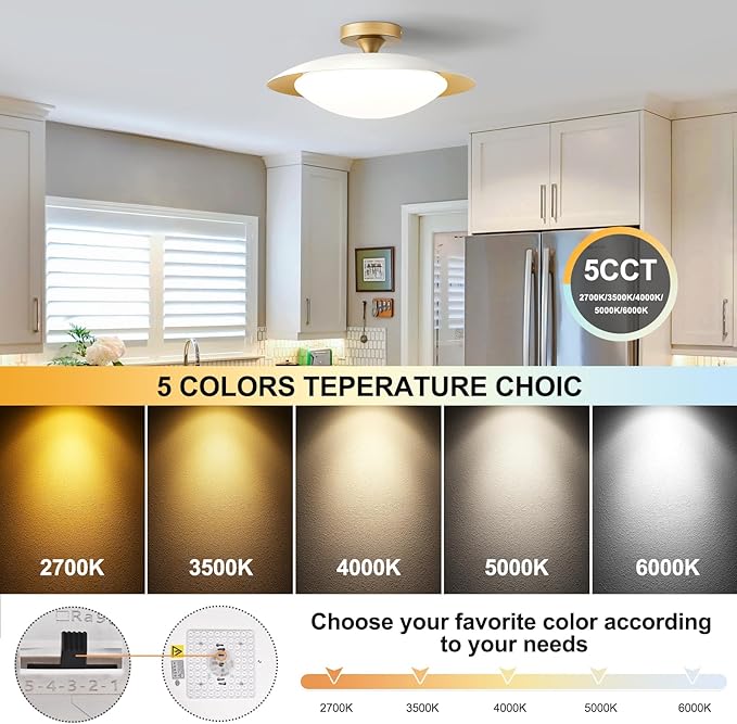 Dimmable Mid Century Modern Ceiling Light,5CCT LED White and Gold Semi Flush Mount Ceiling Lighting, for Kitchen Bedroom Hallway Bathroom 2700K-6000K 15.75 in