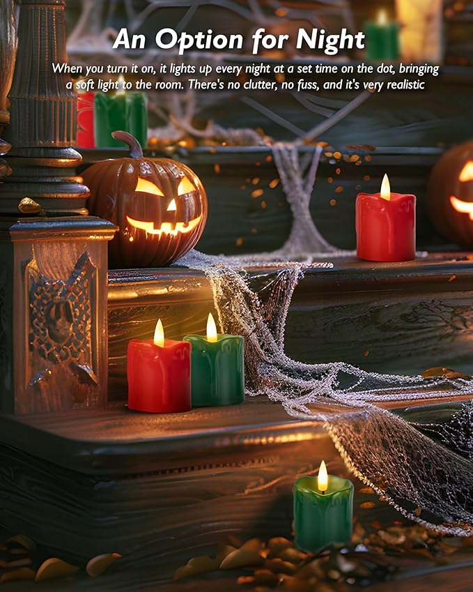 Homemory 2" x 2" Green & Red Timer Flickering Flameless Candles, 400+ Hour Battery Operated Votive Candles, 6Pack 3D Wick Electric Fake Candles for Party, Christmas, Halloween and Festival Celebration