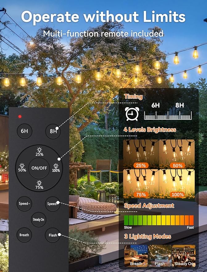 Brightever 120FT Solar String Lights Outdoor Waterproof, Patio Lights Solar Powered with Remote, 50+2 Shatterproof ST38 LED Bulbs, Dimmable&3 Lighting Modes, Hanging Outdoor Lights for Outside, Party