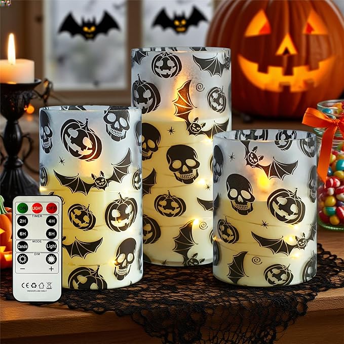 Ghost Flameless Candles with String Lights - 3pcs Halloween Battery Operated Candle Flickering Floral LED Pillar Candles with Timer Remote for Home Decor Romantic Ambiance