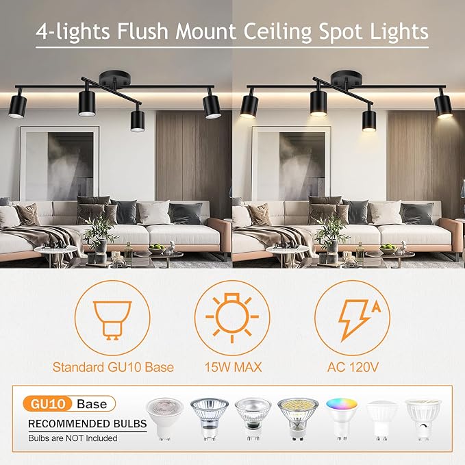 BoostArea 4 Light Track Lighting Kit, Black 4 Way Ceiling Spot Lighting, Center Swivel Track Light Heads, Flexibly Rotatable Light Head for Kitchen, Living Room, Bedroom, GU10 Bulb Not Included