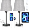 Grey Bedside Lamps for bedrooms Set of 2 - Nightstand Bedroom Lamp with USB C Port and AC Outlet Charging, 3 Way Dimmable Touch Control Small Bed Side Table Lamp, Night Stand Light for Kids/Guest Room