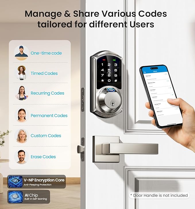 Veise VE07 Fingerprint Smart Door Lock, 7-in-1 Keyless Entry Deadbolt with App Control, Electronic Digital Touchscreen Keypad, Biometric Smart Locks for Front Door, Auto Lock, Satin Nickel