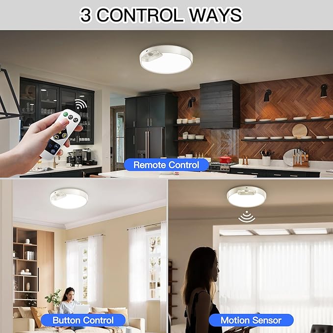 Homelist 2 Pack Upgraded Rechargeable Motion Sensor Ceiling Light, Battery-Powered Ceiling Light with Remote for Closet Stairs Shower Shed Hallway Porch-6000K Cool White