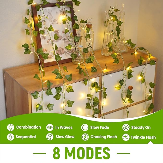 KASZOO 33FT 100 LED Ivy Vine Lights - PVC Plug in Leaf String Lights with Remote & Timer, Pre-Wrapped Garland for Bedroom Wall Garden Decor