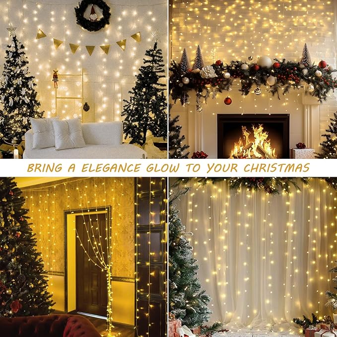 HEYFUNi 304 LED Curtain Lights Outdoor, 9.8Ft*9.8Ft Hanging String Lights Plug in with 8 Modes, Connectable Curtain Fairy Lights for Bedroom, Dorm, Christmas, Wall, Backdrop, Wedding Decor, Warm White