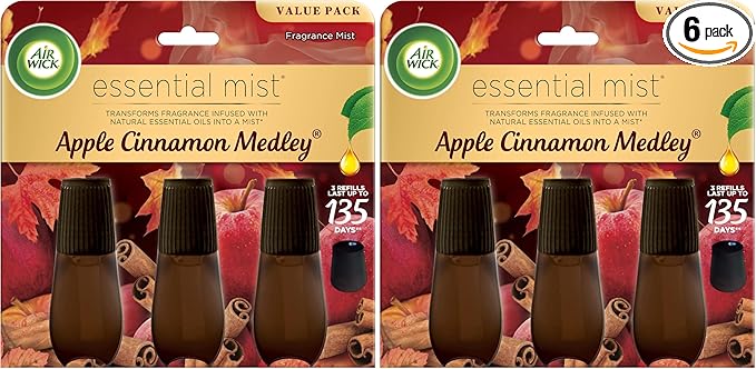 Air Wick Essential Mist Refill,Apple Cinnamon Medley,Essential Oils Diffuser,Air Freshener,Fall scent,Fall decor,(Pack of 6)
