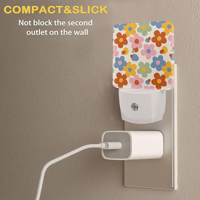 Vintage Groovy Flowers Night Light with Dusk to Dawn Light Sensors, Plug-in Wall Led Night Lights, Energy Efficient Lamp for Bedroom/Bathroom/Kitchen/Hallway/Stairs
