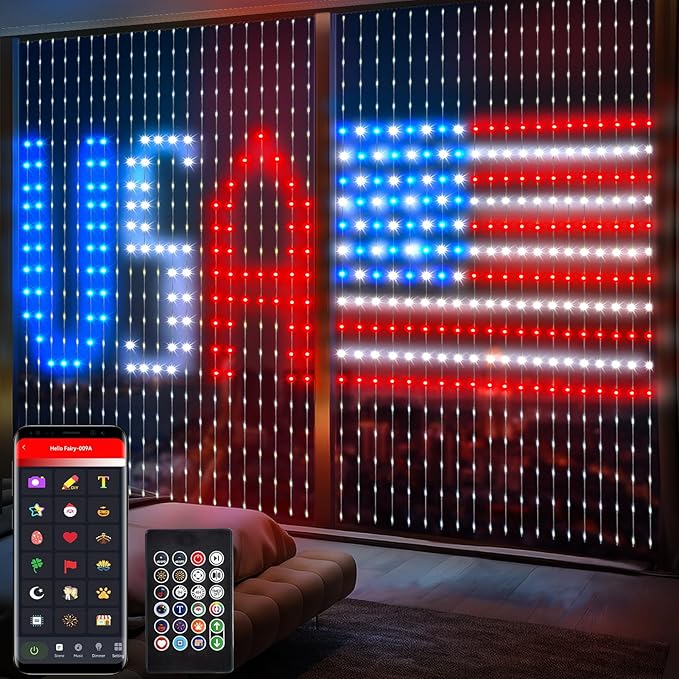 Smart Curtain Lights 6.6x6.6Ft, 400 LED Curtain Light APP Remote Control Music Sync Dynamic DIY Lights for Memorial Day 4th of July Independence Day Backdrop Decoration