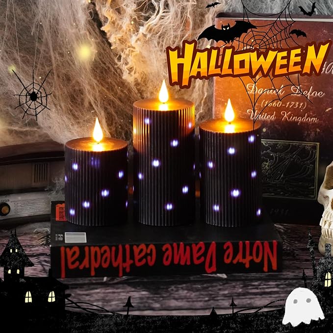 Flameless Candles Real Wax Realistic Candles, Battery Operated LED Pillar Candle with Remote Timer, Ideal for Halloween Home Decor（D 3"*H 4" 5" 6" ）