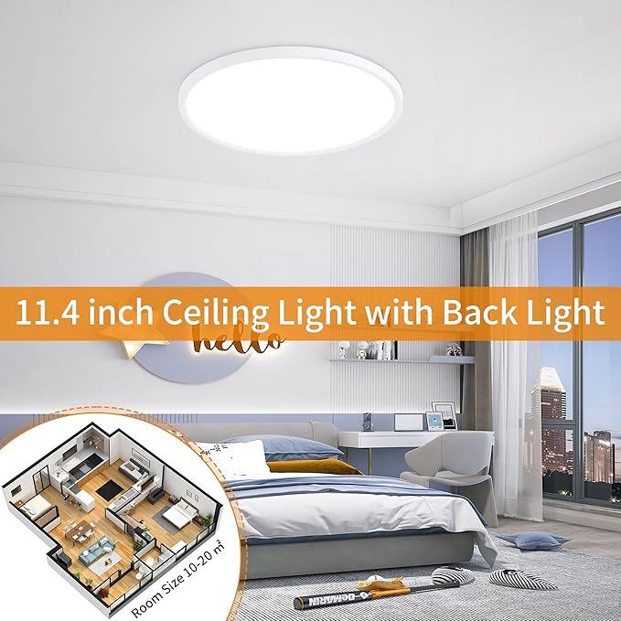 Flush Mount Ceiling Light with Night Light, 11in LED Ceiling Lights with Remote Control, 1800K Nightlights & 3000-6500K Dimmable Lamp Fixture, 24W 2400LM Low Profile for Bedroom, White