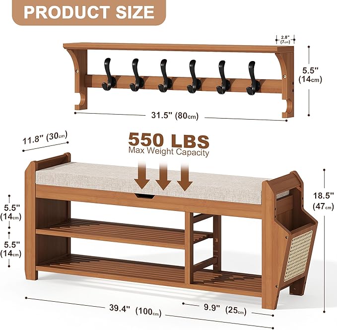39.4" Bamboo Shoe Rack Bench with Coat Rack, 3-Tier Entryway Bench with Thick Cushion, Flip-Top & Side Baskets, Holds Up to 550 LBS for Hallway, Living Room, Bedroom