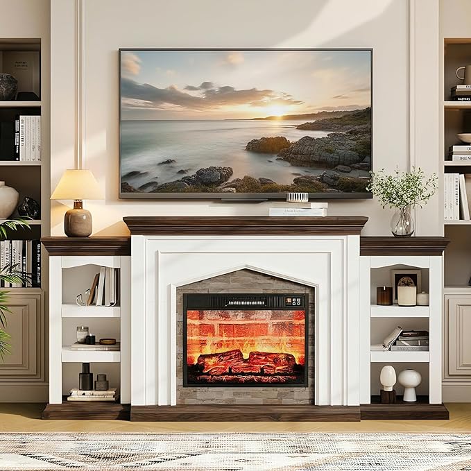 LGHM 80" Fireplace TV Stand for TVs Up to 90 Inch, Electric Fireplace with Mantel, Farmhouse Entertainment Center with Storage, Fireplace Heater Insert with 3D Flame Effect for Living Room