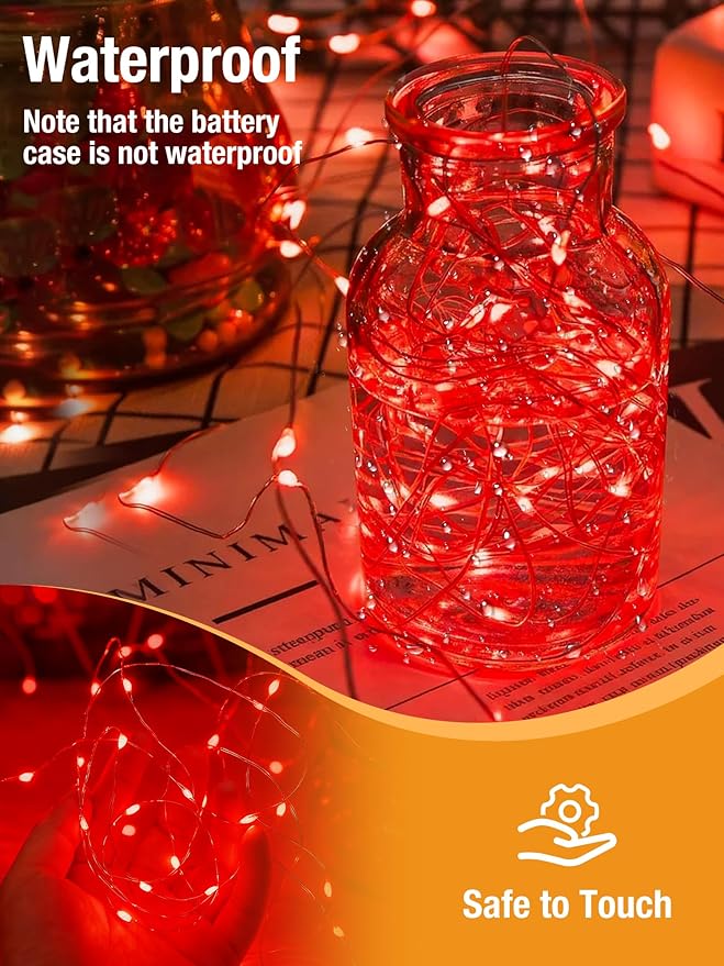 btfarm 4 Pack Valentines Day Fairy Lights Battery Operated with Timer, 16.4 FT 50 LED Silver Wire Twinkle String Lights 8 Modes Dimmable Waterproof for Indoor Party Christmas Bedroom Wedding, Red
