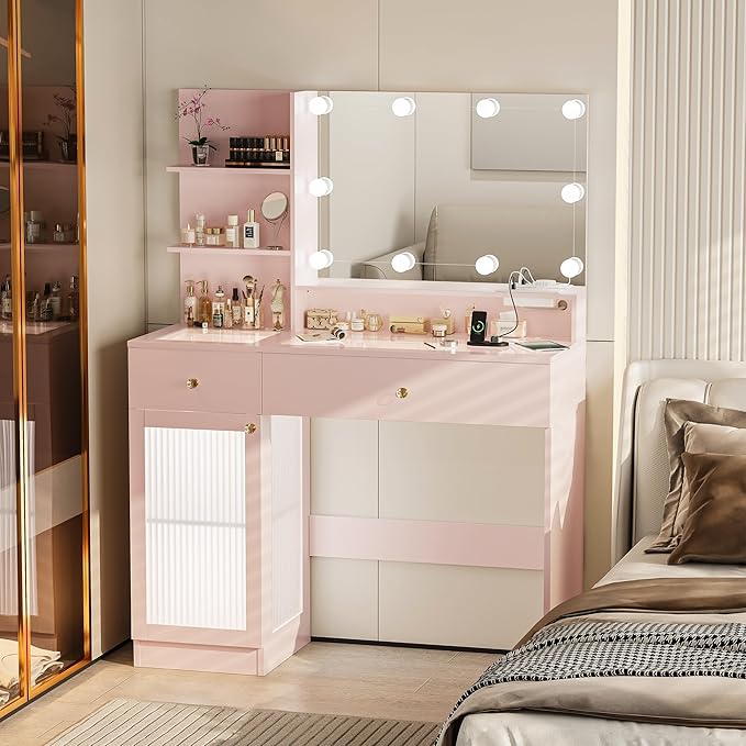 40" Vanity Desk with Large Mirror and Lights, Modern Glass Top Makeup Vanity Set with Power Outlet,Pink