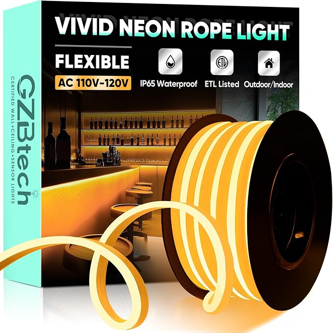 GZBtech Flexible LED Neon Rope Lights 16.4FT,AC 110-120V Waterproof Strip Light, 120LEDs/M Cuttable Connectable Neon Lighting for Indoor Outdoor Home Decor/Commercial Building Use-Amber 5M, ETL Listed