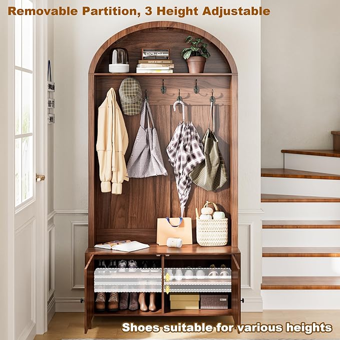 Hall Tree with Bench and Shoe Storage, Entryway Storage Bench with Coat Rack, 78.74" Coat Rack with 7 Hooks and Adjustable Shelves, Farmhouse Style Furniture Organizer for Hallway (Walnut, 78.74"H)