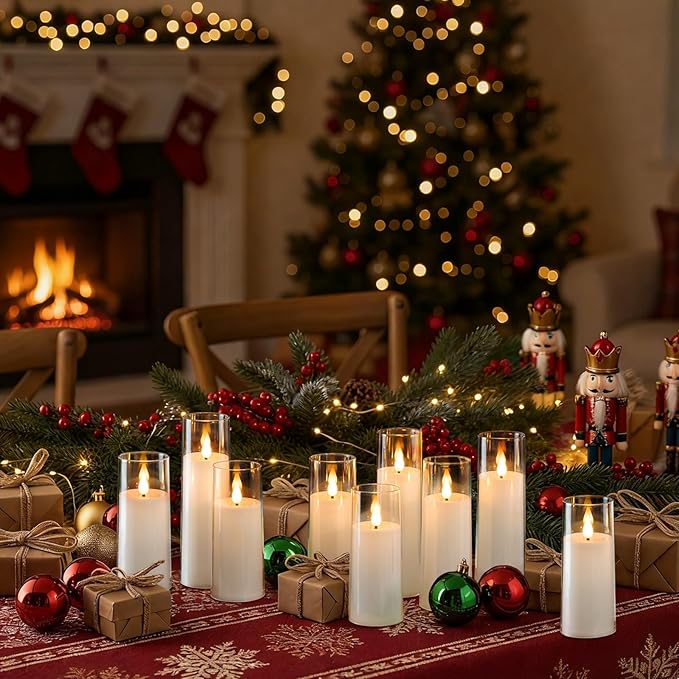 Amagic Magic Pure White Flameless Candles, Battery Operated Candles, Acrylic Flickering LED Pillar Candles with Remote Control and Timer, 3D Wick, Yellow and Blue Glow, D2.2 xH5.5 6.5" 7.5", Set of 9