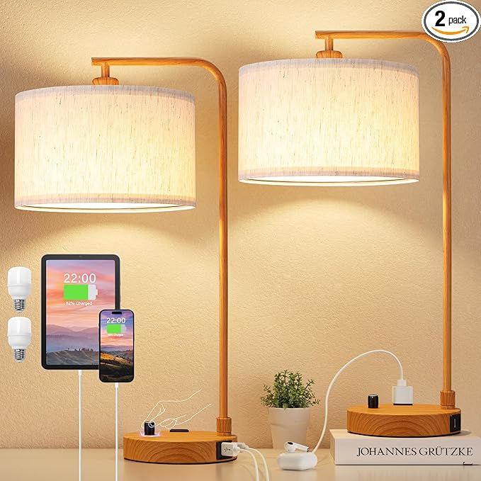 Innqoo Bedside Table Lamps for Bedroom Set of 2-Dimmable Nightstand Lamps with USB Port and Outlet,Modern Wood Lamps with Linen Shade,Tall Desk Lamps for Home Office Bedroom Living Room End Table