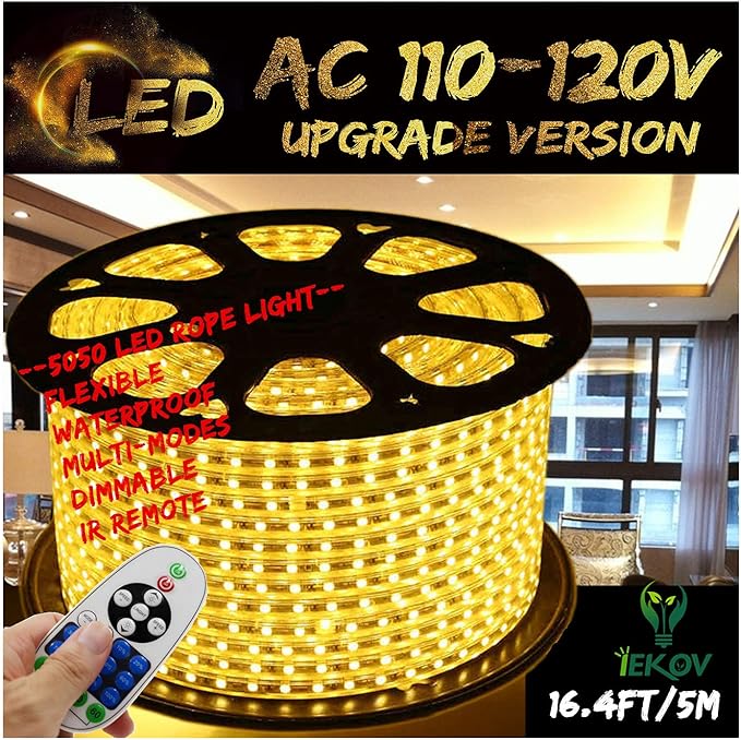 Warm White Color LED Strip Light, AC 110-120V Flexible/Waterproof/Multi-Modes Function/Dimmable SMD5050 LED Rope Light with Remote for Home/Office/Building Decoration (16.4ft/5m)