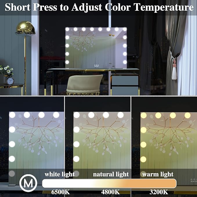 BEAUTME Hollywood Makeup Mirror,Vanity Mirror with Lights, LED Mirrors, Tabletop or Wall-Mounted Mirror with 16 Dimming LED Bulbs, Silver(911×180×616mm)