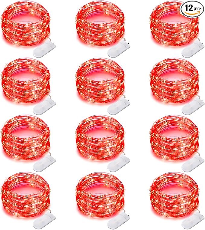 12 Pack Fairy Lights Battery Operated String Lights 7 Feet 20 Led Waterproof Christmas Lights Silver Wire Firefly Starry Moon Lights for Bedroom Red