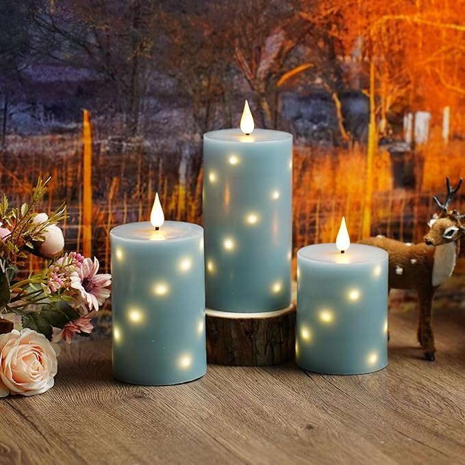 Flameless Candles with Embedded Star String, Real Wax Battery Operated Candles with Remote Timer, Flickering Pillar LED Candle Set for Home Decor Romantic Ambiance （Grey）