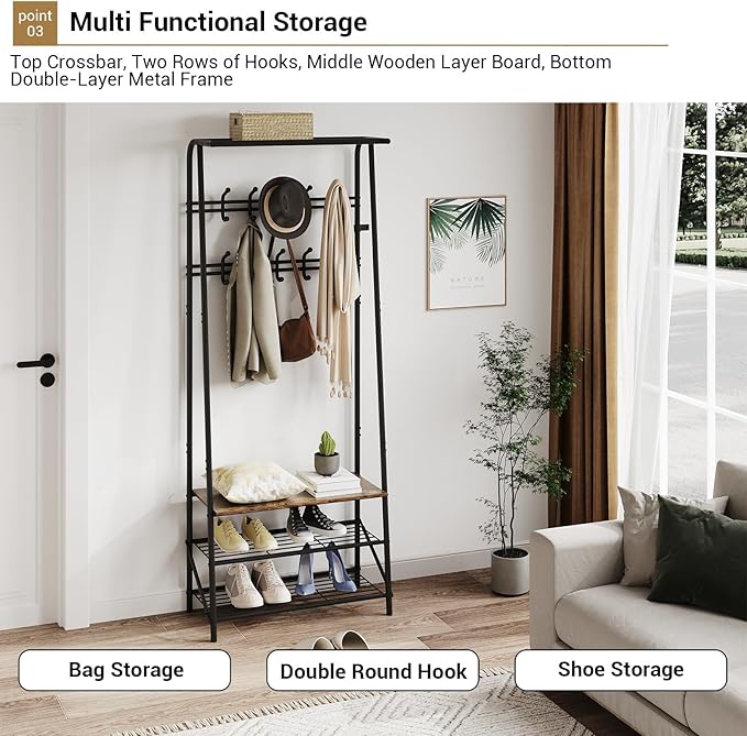 Coat Rack Hall Tree with Shoe Storage Bench, 4-in-1 Entryway Bench with 6 Hooks & 3-Tier Shoe Rack, Metal Frame for Entryways, Freestanding Coat Racks Storage for Entryway, Hallway, Front Door