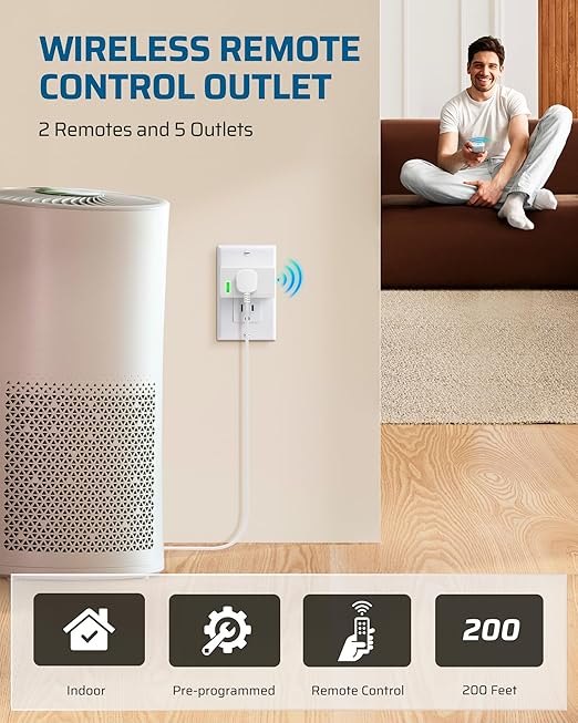 DEWENWILS 200FT Range Remote Control Outlet, No Interference Strong Signal, Indoor Wireless Outlet Switch for Lamps, Fans, Lights, 15A/1800W, ETL Listed (5 Outlets + 2 Remotes)