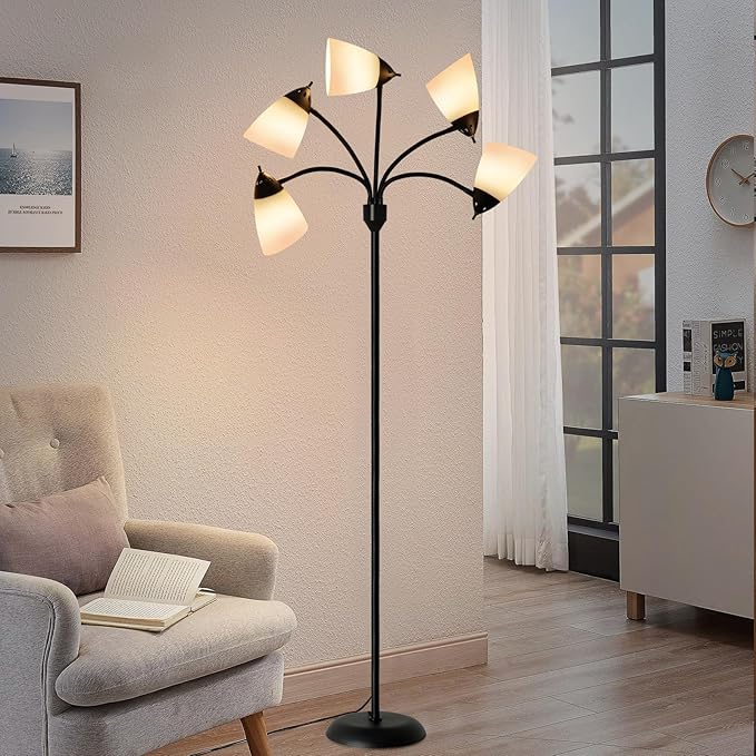 DLLT Modern Floor Lamp for Room: 5-Light Flexible Gooseneck Black Floor Lamps Standing for Living Room Bedroom Home Study Room Office - Tall Tree Floor Lights Adjustable Metal Multi Head E26 Base