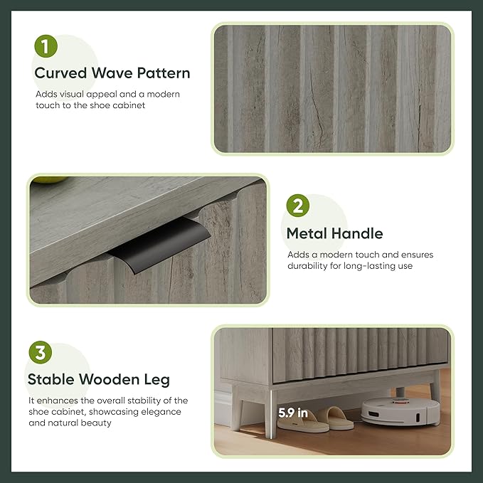 31.5''W Shoe Cabinet for Entryway with 2 Flip Drawers, Narrow Wood Shoe Storage Cabinet with Fluted Panel, Freestanding Hidden Shoe Organizer for Foyer, Hallway, Grey