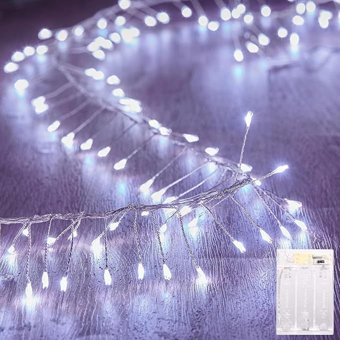 Fairy Lights Battery Operated, 10Feet 120LEDs Firecracker String Lights Waterproof Silver Wire Starry Firefly Light for DIY Wreath Home Wedding Indoor Outdoor Christmas Decorations, Pure White