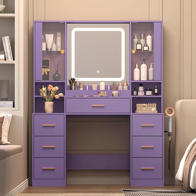 Purple Makeup Vanity Desk with Mirror & Lights, Modern Vanity Table with Charging Station, 7 Drawers, Glass Cabinet, Adjustable Shelves, Bedroom Dressing Table Set for Women & Girls