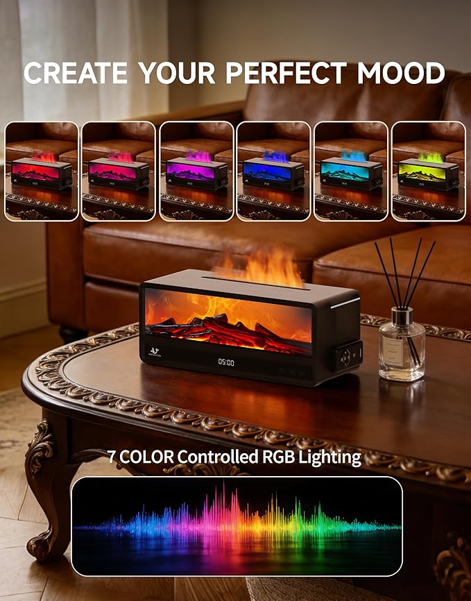 Fireplace Essential Oil Diffuser with Realistic Flame Effect, 250ML Aroma Diffuser, 7 Color LED Lights, Remote Control, Quiet Mist for Bedroom Home Office (Black)