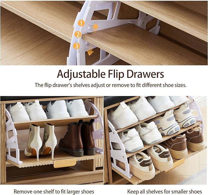 43.3''W Fluted Shoe Rack Bench with 2 Flip Drawers, Entry Bench Seat with 3-Tier Shoe Storage and Leather Cushion, Shoe Organizer Bench for Entryway, End of Bed, Living Room - Natural