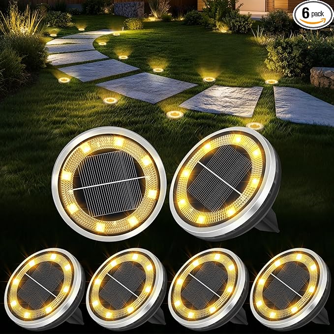 ZAIYW 6 Pack Solar Ground Lights Outdoor Waterproof Garden Lights Solar Powered Disc Landscape Lighting for Pathway Yard Lawn Walkway Deck Decoration (Warm White)