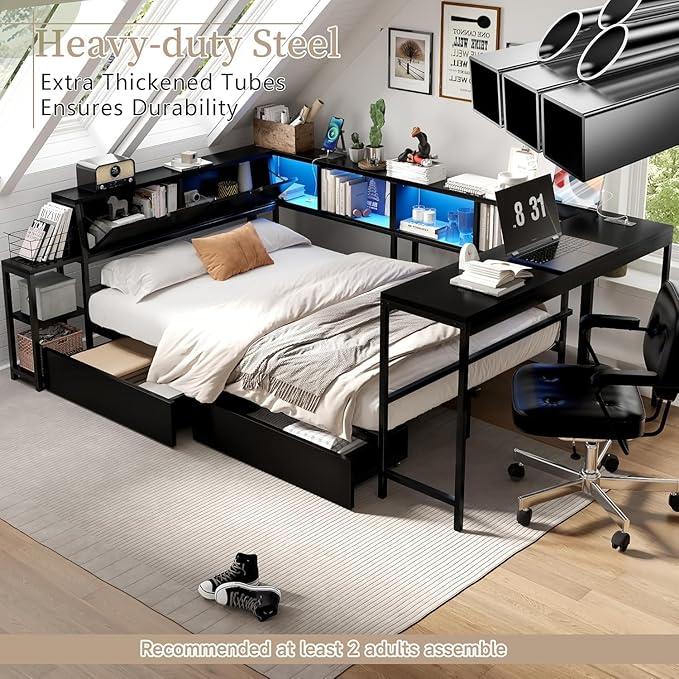 Twin Corner Bed Frame with Desk, LED Lights & Charging Ports, L-Shaped Daybed with Storage Drawers, Bookcase & Open Shelves, Modern Twin Size Daybed for Kids, Teens & Compact Bedrooms,Black