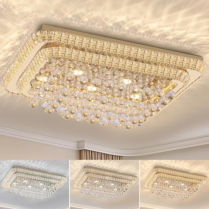 32 inch Crystal Flush Mount Chandelier, Modern Raindrop Crystal Gold Chandeliers with Remote and APP, 3 Colors Temp & Brightness Adjustable, Ceiling Light for Bedroom Hallway DiningRoom Living Room