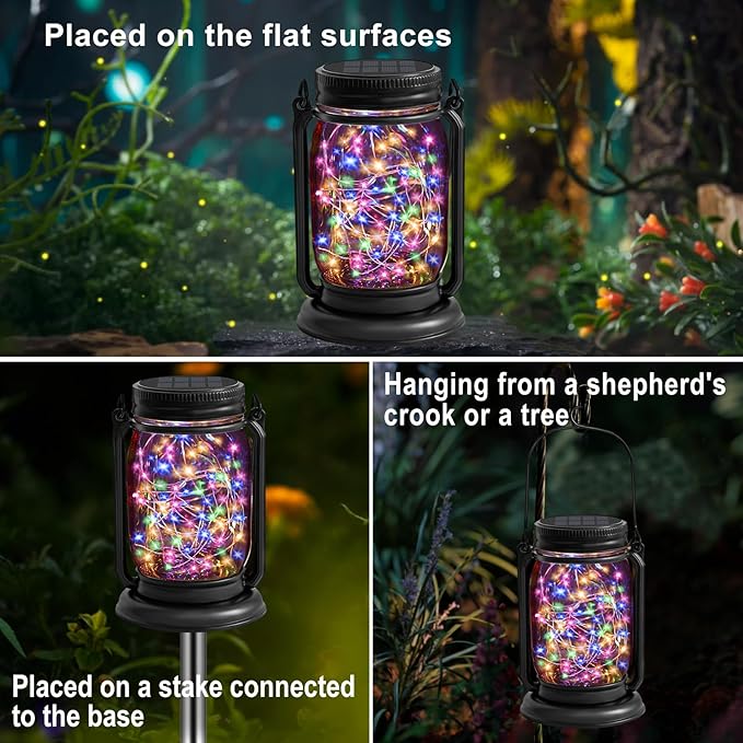 4 Pack Hanging Solar Lantern Lights, 30LED Vintage Glass Mason Jar Solar Fairy Lights Outdoor Decorative Waterproof Table Light with Stakes for Patio Yard Lawn Tree