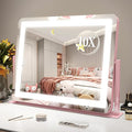 ROLOVE 22x16 Inch Pink Vanity Mirror with Lights，Dimmable LED Lights，3 Color Modes, Smart Touch Control，10X Magnification，Light up Makeup Mirror for Desk, Gift for Teen Girls