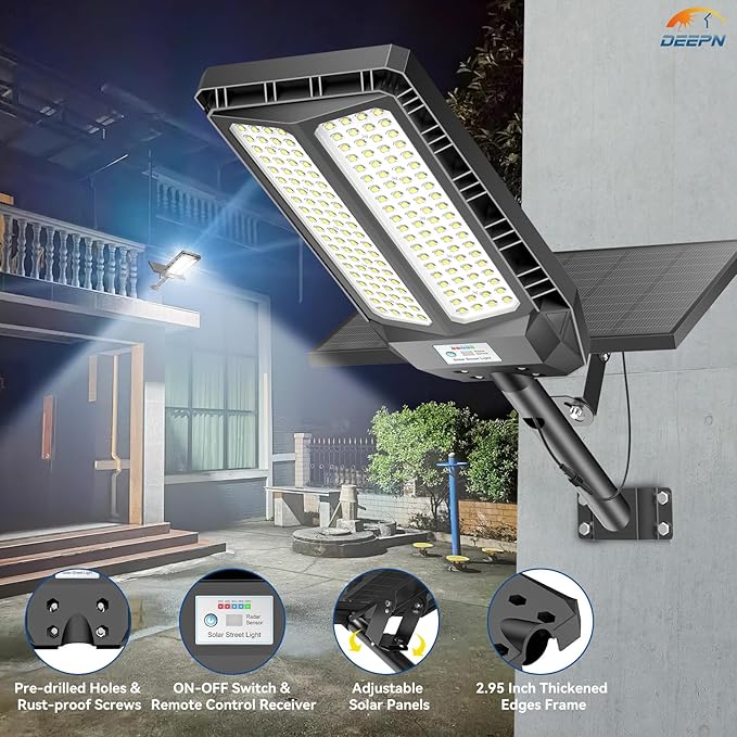 Deepn Solar Lights Outdoor, 8000W Solar Street Lights Outdoor Waterproof Dusk to Dawn LED Security Flood Light with Motion Sensor and Remote Control for Pathway, Entryway & Yard, 2 Pack