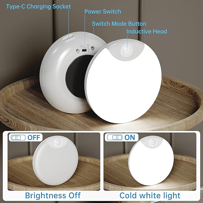 Motion Sensor Night Light,LED Rechargeable Indoor Night Lights,Magnetic Cabinet Light Closet Light for Kitchen Bedroom Bathroom Stairs 6 Pack (White Lamp)