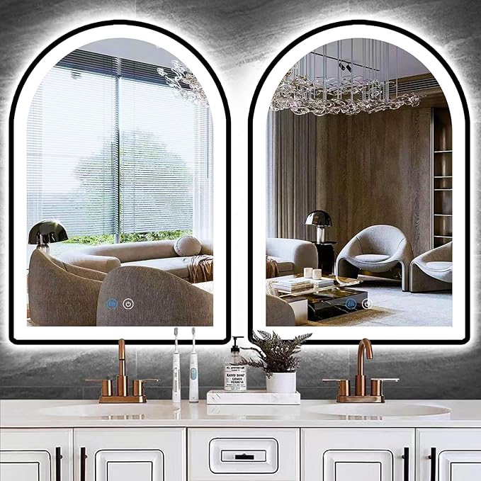 38 x 26 Inch Black LED Arch Mirror with Lights Black Frame Arched LED Vanity Mirror for Bathroom Wall Makeup Desk Black Framed Arch Lighted Mirror 3Color AntiFog 38" Arch Smart Light up Mirror