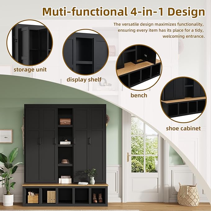 Merax Modern Farmhouse Hall Tree with Bench, 4-in-1 Entryway Storage Cabinet & Shoe Organizer with Hooks, Black